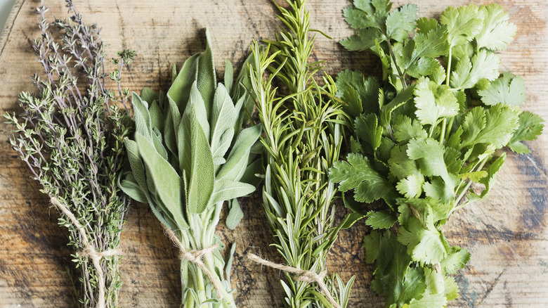 Bouquets d'herbes fraîches sur une planche à découper en bois