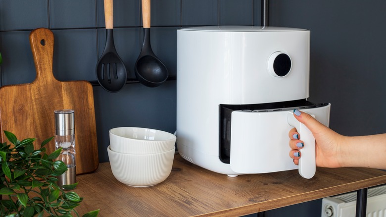 Personne utilisant une friteuse à air à la maison