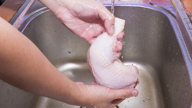 Lavage des mains du poulet