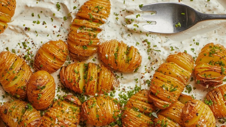 Mini pommes de terre Hasselback sur crème aigre et ciboulette